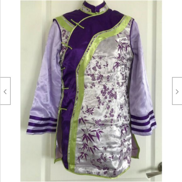 Cheongsam QiPao Long Sleeve Tunic Top Purple Green Bamboo Satin Brocade - Picture 1 of 9